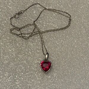 Vintage Silver925  Necklace with  red ruby Heart Pendant 18” length,signed